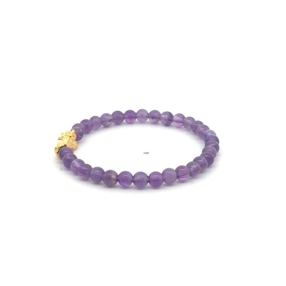 18K Gold Pixiu Piyao Bracelet Gemstone Mini Beads Amethyst 4mm February Birthsto - Picture 5 of 6